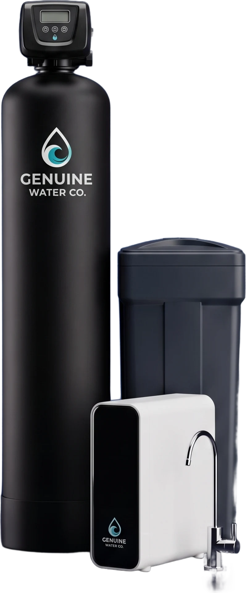 The Genuine Complete: high-efficiency water softener, brine tank, and 7-stage reverse osmosis system, with the Genuine Water Co. logo printed on the equipment